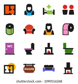 solid vector ixon set - toilet vector, paper, water closet, cleaner woman, hospital bed, plan, rooms signboard, cushioned furniture, fireplace