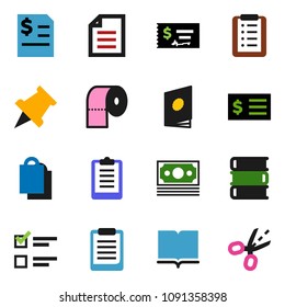 solid vector ixon set - toilet paper vector, book, clipboard, pin, document, exam, check, annual report, receipt, money, shopping bag, list, catalog, coupon