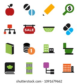 solid vector ixon set - toilet vector, washing powder, colander, cookbook, pasta, pencil, apple fruit, coin stack, money search, pills, hierarchy, sale signboard, apartments