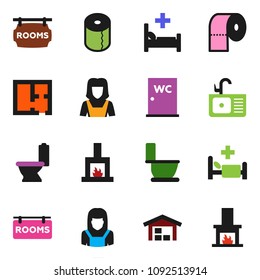 solid vector ixon set - toilet vector, paper, water closet, sink, cleaner woman, hospital bed, barn, plan, rooms signboard, fireplace