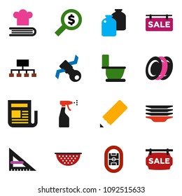 solid vector ixon set - toilet vector, sprayer, plates, colander, cookbook, jar, pencil, corner ruler, money search, hierarchy, stadium, satellite, newspaper, sale signboard