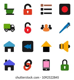 solid vector ixon set - toilet vector, pen, arrow up, speaker, mobile phone, group, backward button, rec, menu, home, chain, unlock, delivery, lock