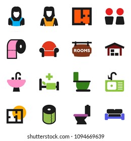 solid vector ixon set - toilet vector, paper, water closet, sink, cleaner woman, hospital bed, barn, plan, rooms signboard, cushioned furniture