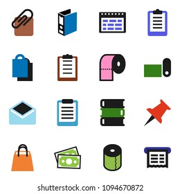 solid vector ixon set - toilet paper vector, book, schedule, clipboard, binder, fitness mat, money, thumbtack, mail, attachment, shopping bag, receipt