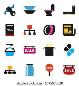 solid vector ixon set - toilet vector, washing powder, plates, jar, pasta, corner ruler, hierarchy, satellite, newspaper, pills, stop, mailbox, sale signboard