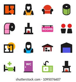 solid vector ixon set - toilet paper vector, water closet, sink, cleaner woman, hospital bed, barn, plan, rooms signboard, cushioned furniture, fireplace