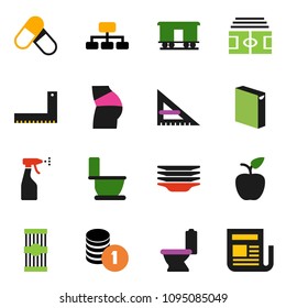 solid vector ixon set - toilet vector, washing powder, sprayer, plates, pasta, corner ruler, apple fruit, coin stack, hierarchy, stadium, buttocks, pills, Railway carriage, newspaper