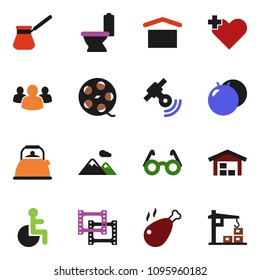 solid vector ixon set - toilet vector, kettle, turk coffee, chicken leg, glasses, fitball, dry cargo, film frame, spool, satellitie, group, disabled, heart cross, mountain, barn, construction crane