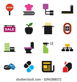 solid vector ixon set - toilet vector, sprayer, cookbook, pasta, corner ruler, apple fruit, hierarchy, stadium, newspaper, pills, stop, sale signboard, apartments, mailbox