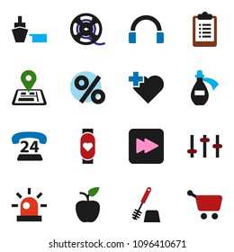 solid vector ixon set - toilet brush vector, apple fruit, clipboard, heart monitor, cross, navigator, phone 24, port, film spool, settings, headphones, forward button, potion, siren, percent, cart