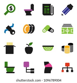solid vector ixon set - toilet vector, plates, colander, pasta, pencil, apple fruit, coin stack, money search, stadium, buttocks, satellite, newspaper, pills, hierarchy
