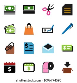 solid vector ixon set - toilet paper vector, pen, document, cash, check, annual report, dollar calendar, money, mail, attachment, shopping bag, coupon, package