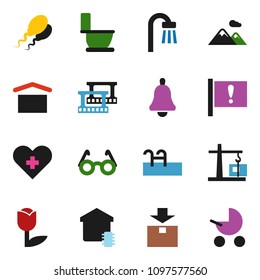 solid vector ixon set - toilet vector, glasses, bell, attention, dry cargo, tulip, package, film frame, heart cross, sperm, pool, mountain, bath, smart home, construction crane, baby stroller
