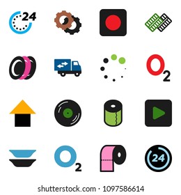 solid vector ixon set - toilet paper vector, plates, arrow up, oxygen, disk, play button, rec, pills blister, gear, loading, relocation truck, 24 hour