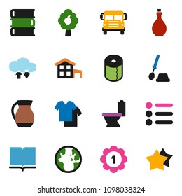 solid vector ixon set - toilet vector, brush, paper, oil, jug, book, school bus, world, medal, cloud exchange, cottage, fruit tree, clothes, menu, star