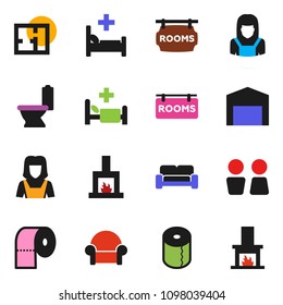 solid vector ixon set - toilet vector, paper, water closet, cleaner woman, hospital bed, barn, plan, rooms signboard, cushioned furniture, fireplace