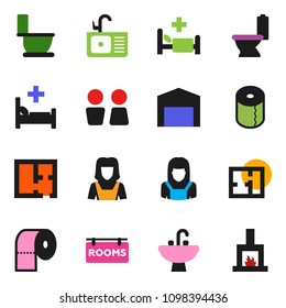 solid vector ixon set - toilet vector, paper, water closet, sink, cleaner woman, hospital bed, barn, plan, rooms signboard, fireplace