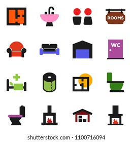 solid vector ixon set - toilet vector, paper, water closet, sink, hospital bed, barn, plan, rooms signboard, cushioned furniture, fireplace