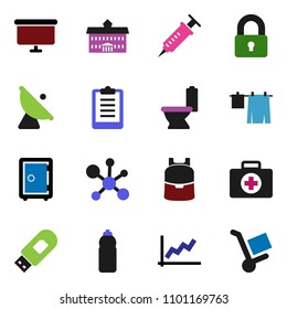 solid vector ixon set - toilet vector, drying clothes, university, backpack, molecule, graph, presentation board, safe, clipboard, water bottle, first aid kit, satellite antenna, syringe, usb modem
