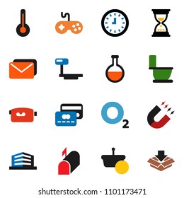 solid vector ixon set - toilet vector, magnet, clock, sand, oxygen, big scales, gamepad, video camera, thermometer, flask, office building, mailbox, credit card, basket, mail, package