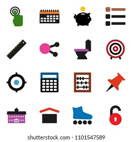 solid vector ixon set - toilet vector, university, ruler, abacus, piggy bank, calculator, target, roller Skates, calendar, dry cargo, touchscreen, social media, thumbtack, menu, unlock