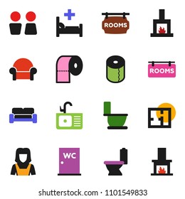 solid vector ixon set - toilet vector, paper, water closet, sink, cleaner woman, hospital bed, plan, rooms signboard, cushioned furniture, fireplace