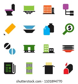 solid vector ixon set - toilet vector, plates, jar, pasta, pencil, money search, truck trailer, Railway carriage, newspaper, pills, hierarchy, apartments, mailbox