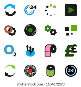 solid vector ixon set - toilet paper vector, pound, oxygen, disk, play button, gear, refresh, loading, route arrow, 24 hour