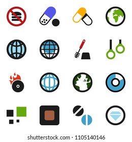 solid vector ixon set - toilet brush vector, world, pie graph, pills, no fastfood, gymnast rings, earth, music hit, stop button, loading, globe, diamond ring
