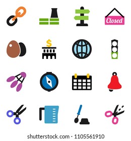 solid vector ixon set - toilet brush vector, measuring cup, egg, bell, compass, scissors, bank building, calendar, shuttlecock, signpost, traffic light, link, globe, factory, closed, coupon
