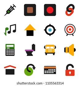 solid vector ixon set - toilet vector, calculator, school bus, music, target, arrow up, calendar, dry cargo, speaker, stop button, rec, syringe, redo, chain, unlock