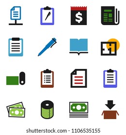 solid vector ixon set - toilet paper vector, book, pen, clipboard, document, fitness mat, money, receipt, newspaper, network, plan, package