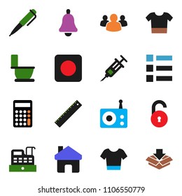 solid vector ixon set - toilet vector, ruler, pen, bell, calculator, t shirt, radio, group, rec button, syringe, home, unlock, cashbox, clothes, menu, package