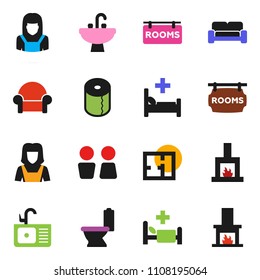 solid vector ixon set - toilet vector, paper, water closet, sink, cleaner woman, hospital bed, plan, rooms signboard, cushioned furniture, fireplace