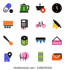 solid vector ixon set - toilet paper vector, kettle, spatula, rolling pin, pasta, clock, bike, buttocks, pills, traking, truck trailer, air conditioner, closed, card reader, basket, mail