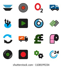 solid vector ixon set - toilet paper vector, plates, pie graph, pound, oxygen, disk, play button, rec, pills blister, gear, refresh, route arrow, relocation truck, 24 hour
