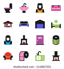 solid vector ixon set - toilet vector, paper, water closet, sink, cleaner woman, hospital bed, barn, rooms signboard, cushioned furniture, fireplace
