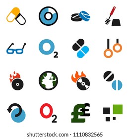 solid vector ixon set - toilet brush vector, glasses, pie graph, pound, pills, gymnast rings, oxygen, earth, music hit, undo, loading