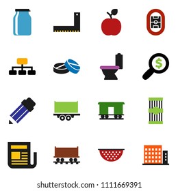 solid vector ixon set - toilet vector, colander, jar, pasta, pencil, corner ruler, apple fruit, money search, hierarchy, stadium, Railway carriage, truck trailer, newspaper, pills, apartments