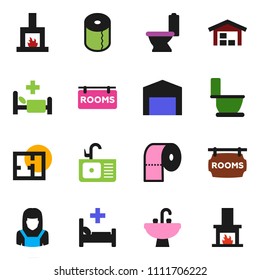 solid vector ixon set - toilet vector, paper, sink, cleaner woman, hospital bed, barn, plan, rooms signboard, fireplace