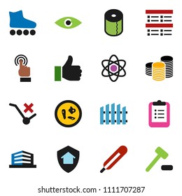 solid vector ixon set - toilet paper vector, atom, clipboard, exam, coin stack, roller Skates, no trolley, touchscreen, finger up, thermometer, eye, microbs, fence, office building, home protect