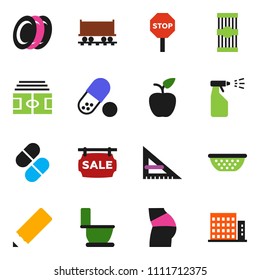 solid vector ixon set - toilet vector, sprayer, colander, plates, pasta, pencil, corner ruler, apple fruit, stadium, buttocks, pills, Railway carriage, stop, sale signboard, apartments
