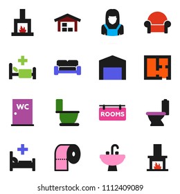 solid vector ixon set - toilet vector, paper, water closet, sink, cleaner woman, hospital bed, barn, plan, rooms signboard, cushioned furniture, fireplace