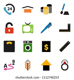 solid vector ixon set - toilet brush vector, washer, corner ruler, pen, coin stack, receipt, arrow up, scales, cereals, phone 24, dry cargo, route, unlock, tv, diamond ring