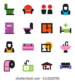 solid vector ixon set - toilet vector, paper, water closet, sink, cleaner woman, hospital bed, barn, plan, rooms signboard, cushioned furniture