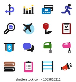 solid vector ixon set - towel vector, mixer, clipboard, dollar flag, run, route, plane, tulip, shelving, equalizer, dialog, search estate, credit card, shopping list, loudspeaker