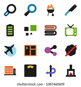 solid vector ixon set - towel vector, window cleaning, splotch, knife, bbq, magnifier, scales, route, plane, tv, battery, share, loading, apartments, fireplace