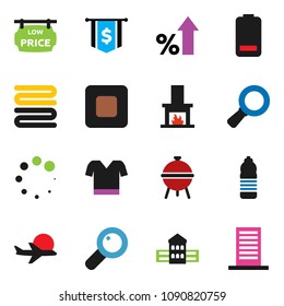 solid vector ixon set - towel vector, bbq, school building, magnifier, percent growth, dollar flag, t shirt, water bottle, plane, battery, stop button, loading, low price signboard, fireplace