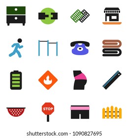 solid vector ixon set - towel vector, colander, ruler, archive, horizontal bar, buttocks, shorts, run, office, flammable, classic phone, battery, pills blister, connection, stop, fence