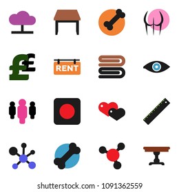 solid vector ixon set - towel vector, ruler, molecule, man, pound, buttocks, bone, heart, rec button, eye, cloud network, rent signboard, table